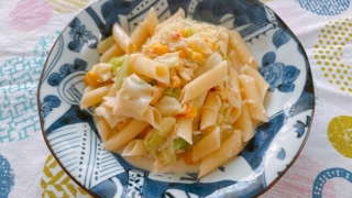 キャベツとコーンのかに風味豆乳クリームパスタ