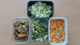 作り置きおかず4品｜キャベツのゆかり和え、ごぼうのカレーしょうゆ炒め、小松菜と油揚げのゆずこしょう煮、にんじんときゅうりのゆずジャムサラダ